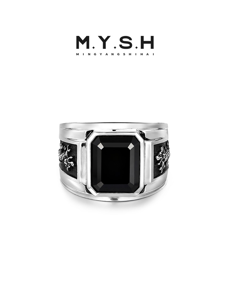 S925 Silver Black Onyx Dragon Head Rectangle Ring