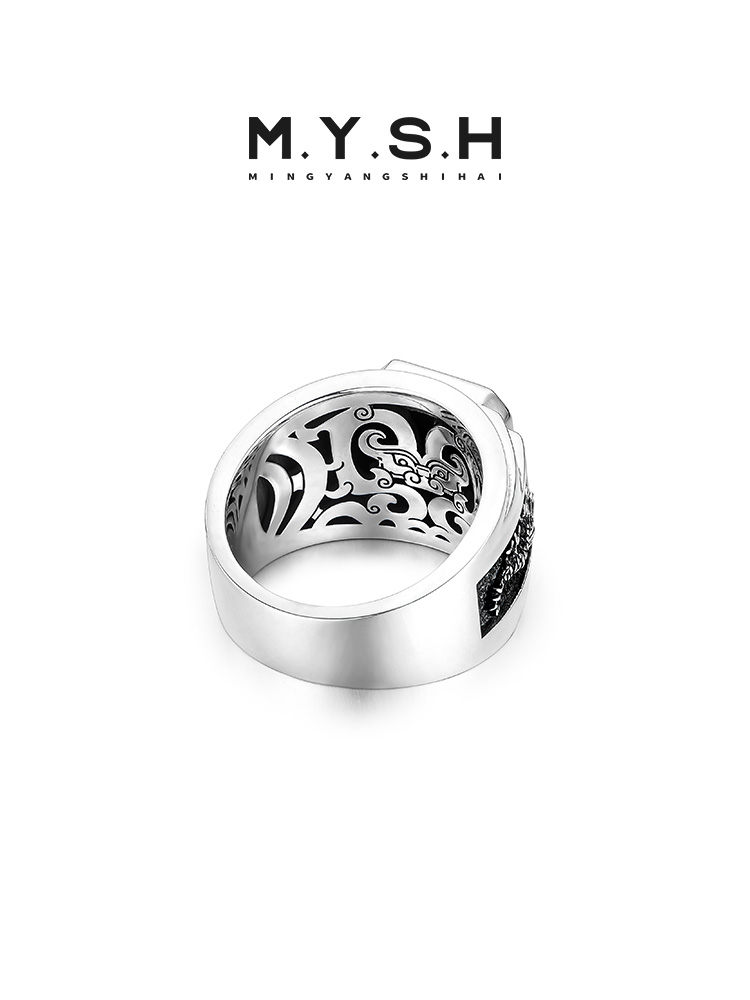 S925 Silver Black Onyx Dragon Head Rectangle Ring