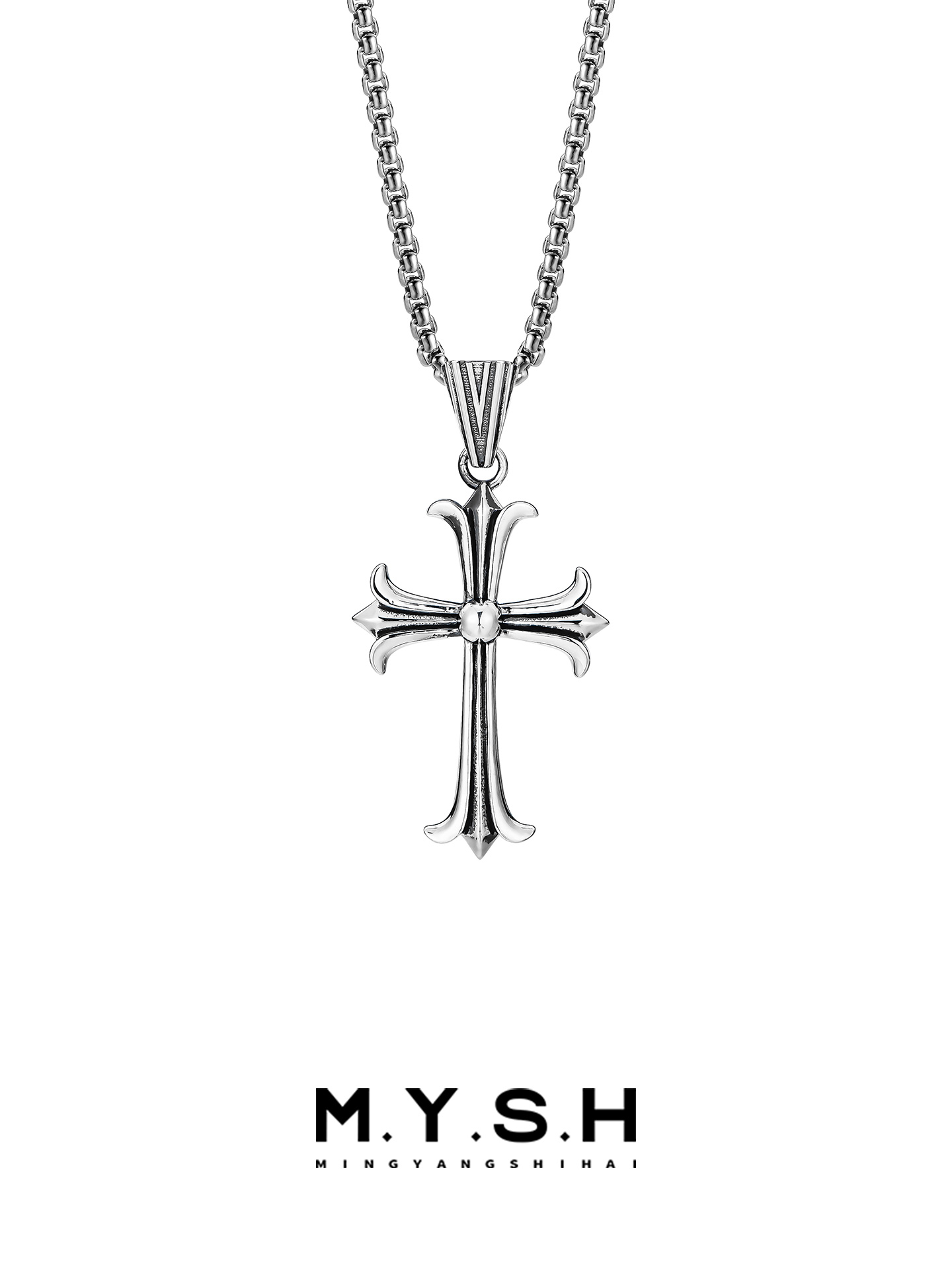 S925 Silver Fleur-de-Lis Gothic Cross Pendant Necklace