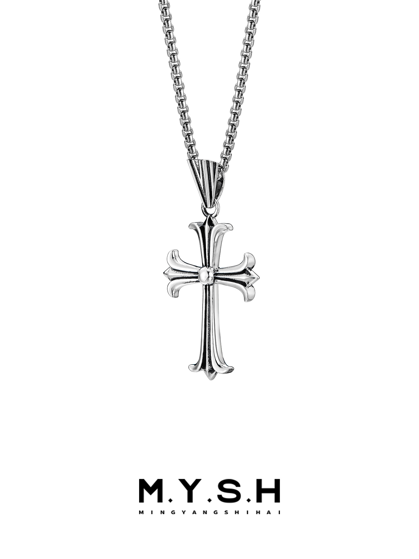 S925 Silver Fleur-de-Lis Gothic Cross Pendant Necklace