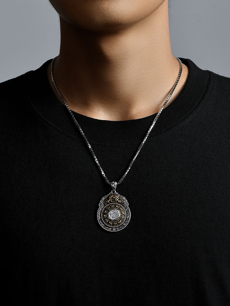 Sterling Silver Rotating Bagua Nine Palms Pendant Necklace