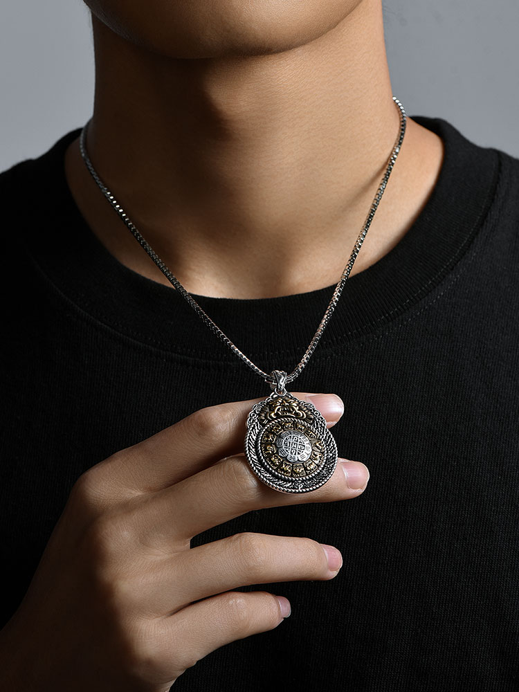 Sterling Silver Rotating Bagua Nine Palms Pendant Necklace