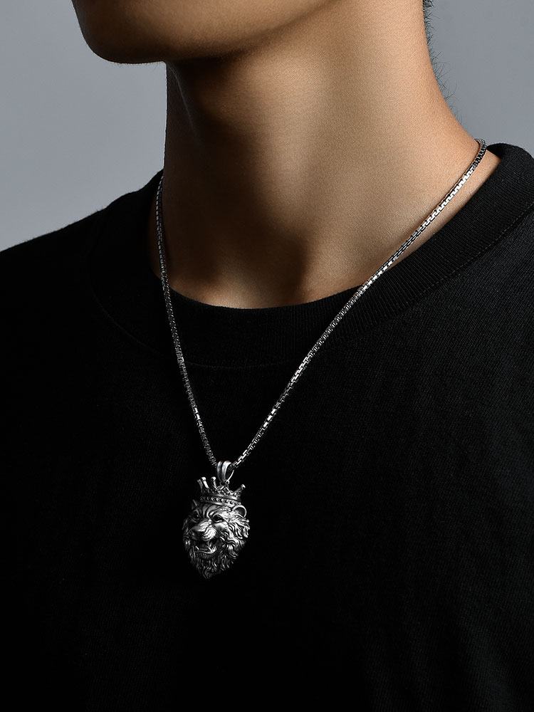 S925 Silver 3D Crowned Lion King Pendant Necklace