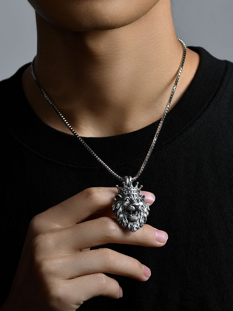 S925 Silver 3D Crowned Lion King Pendant Necklace