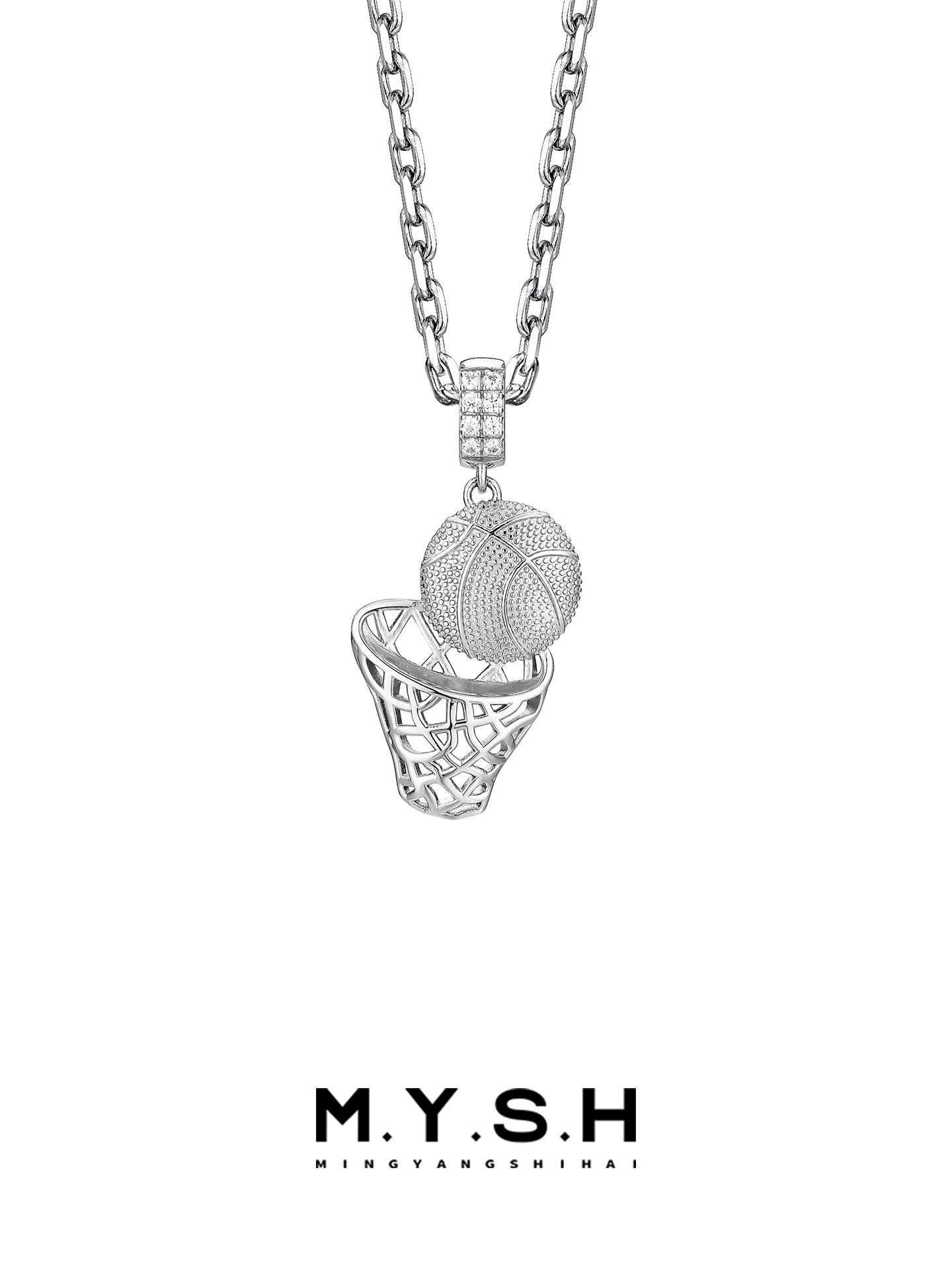 S925 Silver Diamond Basketball Hoop Pendant Necklace