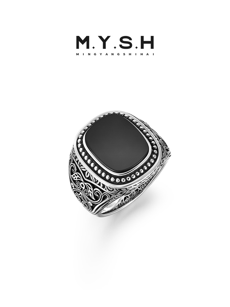 S925 Silver Black Onyx Vintage Square Ring
