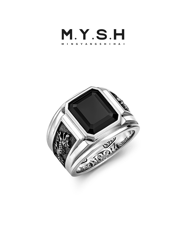 S925 Silver Black Onyx Dragon Head Rectangle Ring