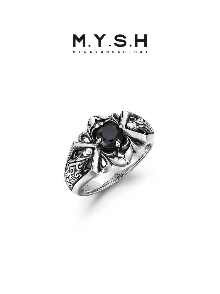 S925 Silver Vintage Black Onyx Wide Ring