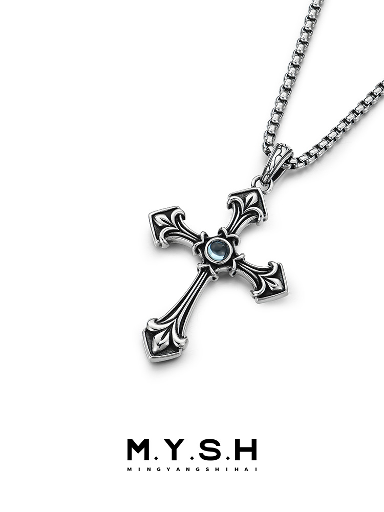Sterling Silver Blue Topaz Gothic Cross Pendant Necklace