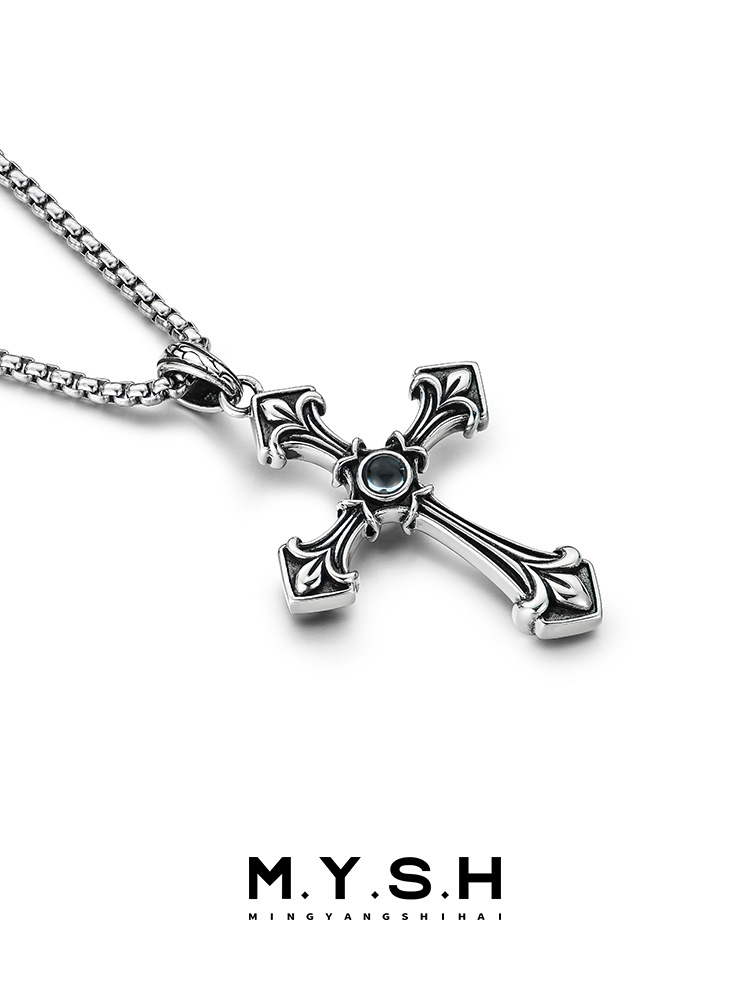 Sterling Silver Blue Topaz Gothic Cross Pendant Necklace