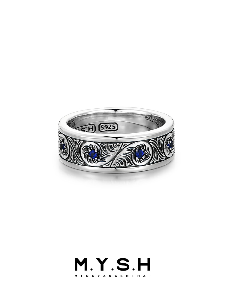 S925 Silver Vintage Scroll Blue Sapphire Ring