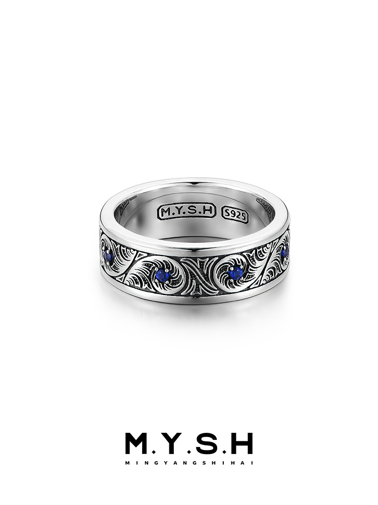 S925 Silver Vintage Scroll Blue Sapphire Ring