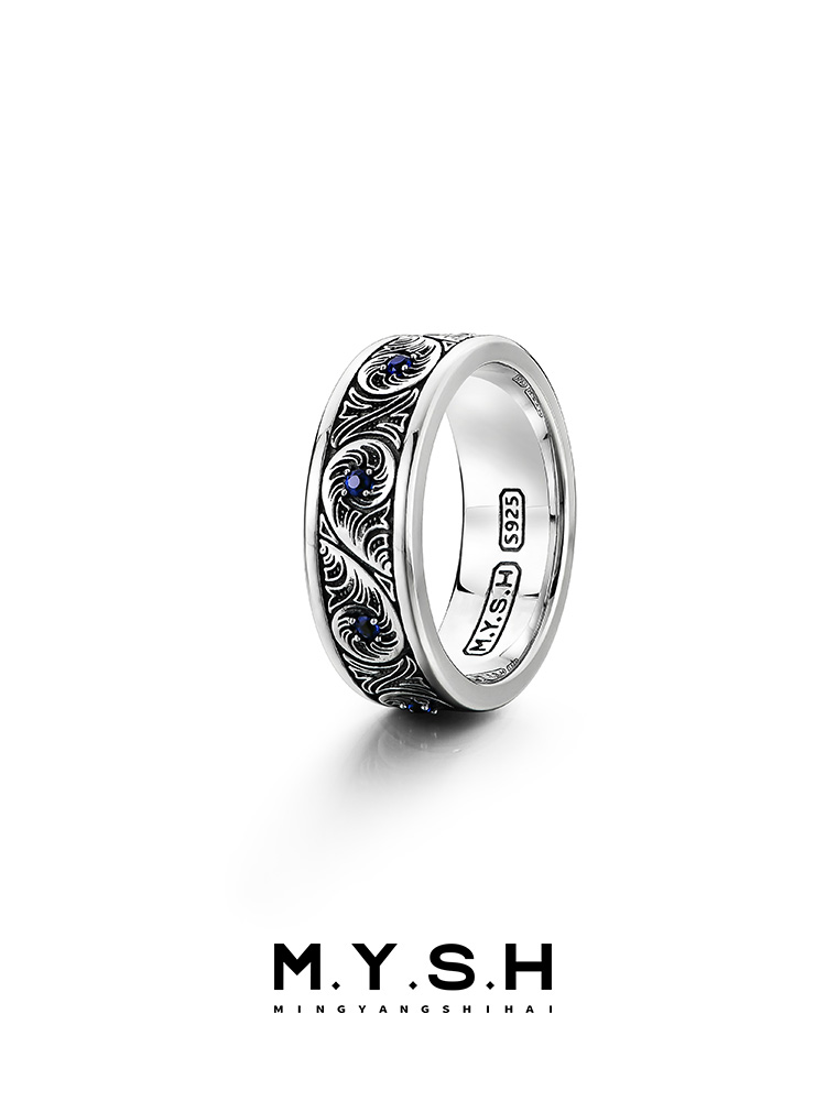 S925 Silver Vintage Scroll Blue Sapphire Ring
