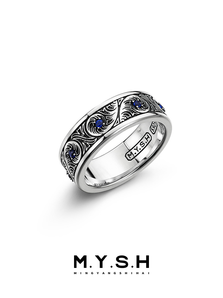 S925 Silver Vintage Scroll Blue Sapphire Ring