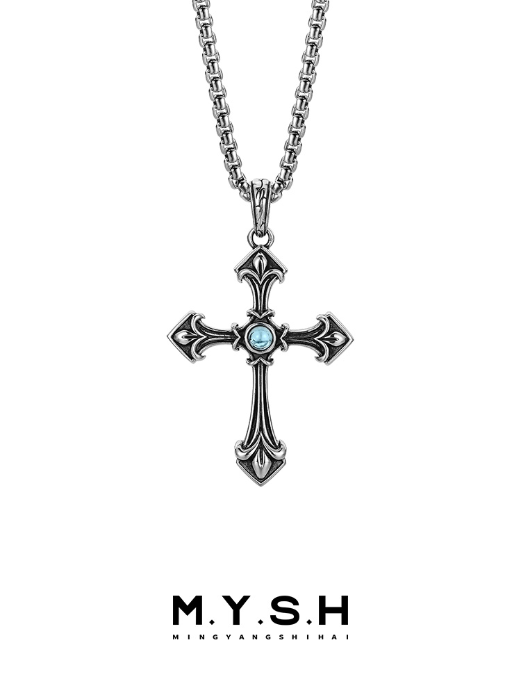 Sterling Silver Blue Topaz Gothic Cross Pendant Necklace