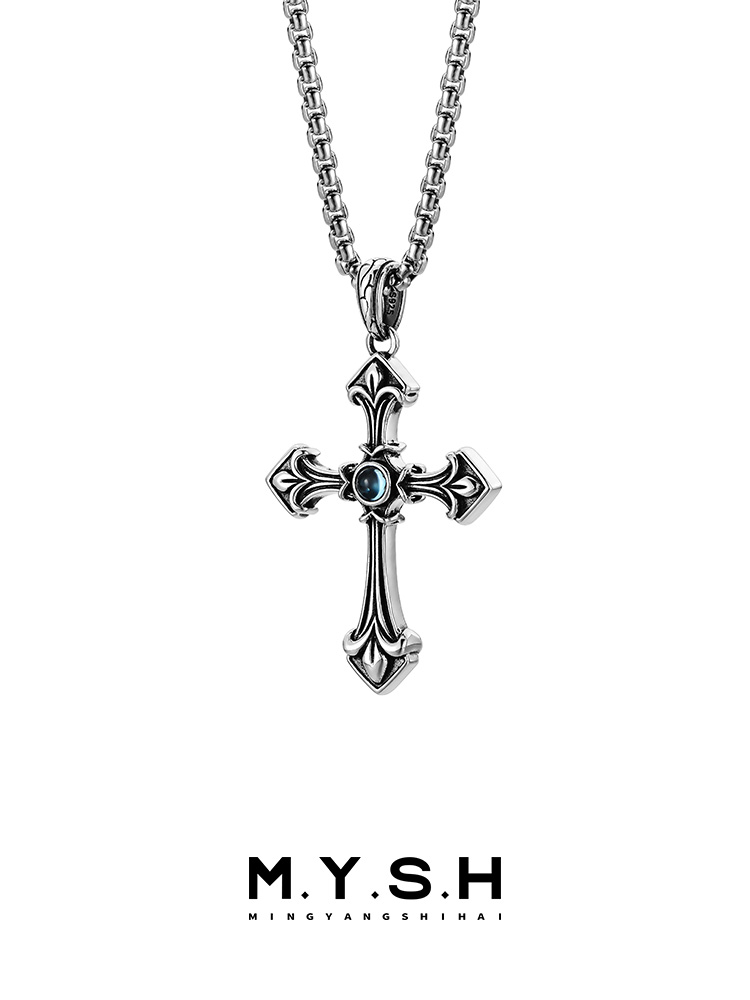 Sterling Silver Blue Topaz Gothic Cross Pendant Necklace