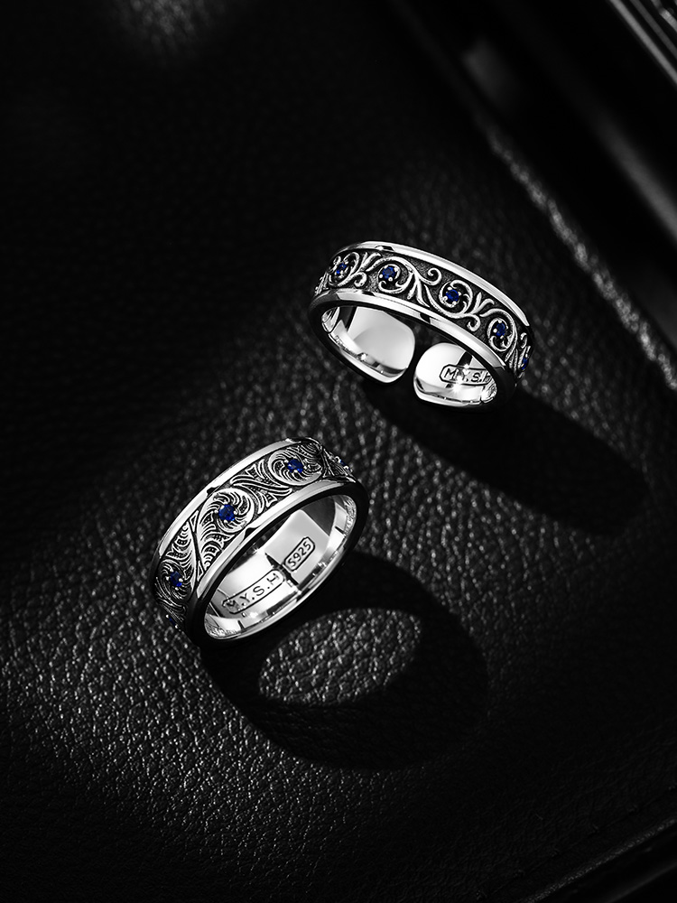 S925 Silver Vintage Scroll Blue Sapphire Ring