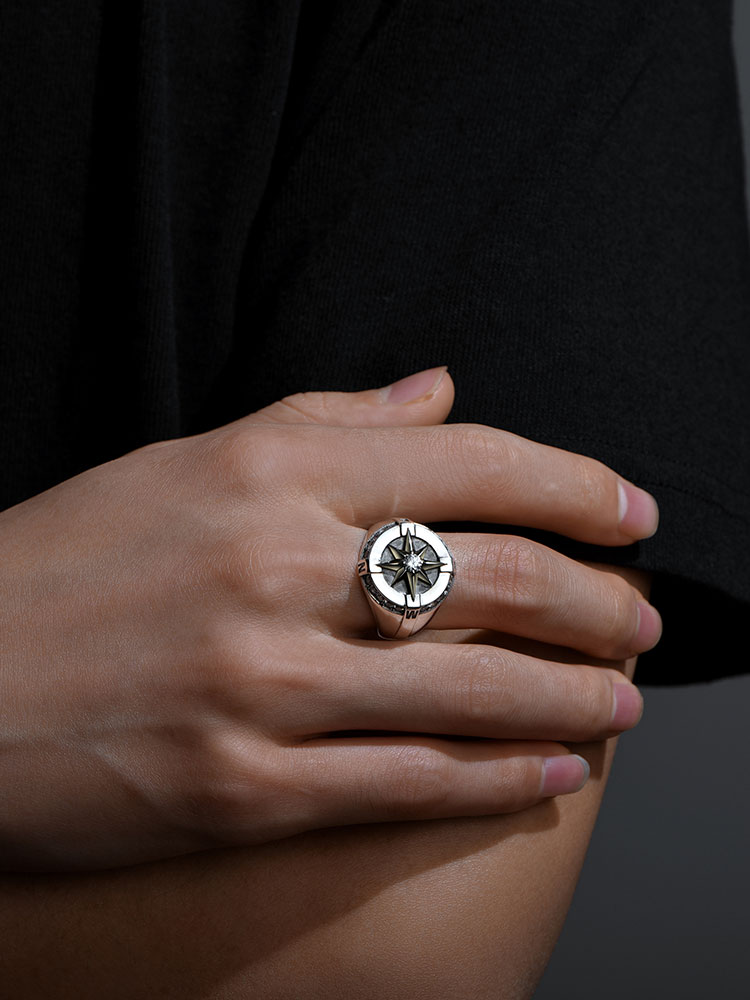 S925 Silver Compass Star Open Ring for Men