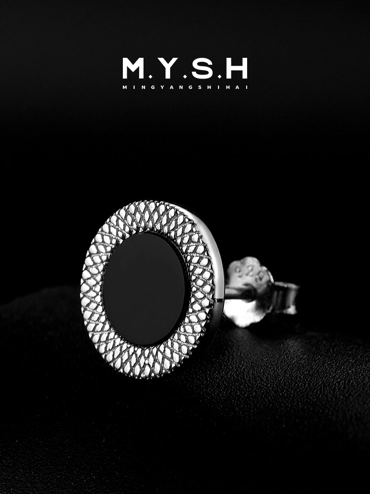 S925 Silver Snake Scale Black Gem Stud Earrings