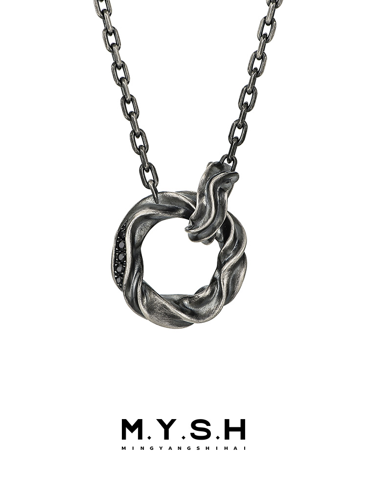 Sterling Silver Twisted Möbius Double Ring Black Diamond Pendant Necklace