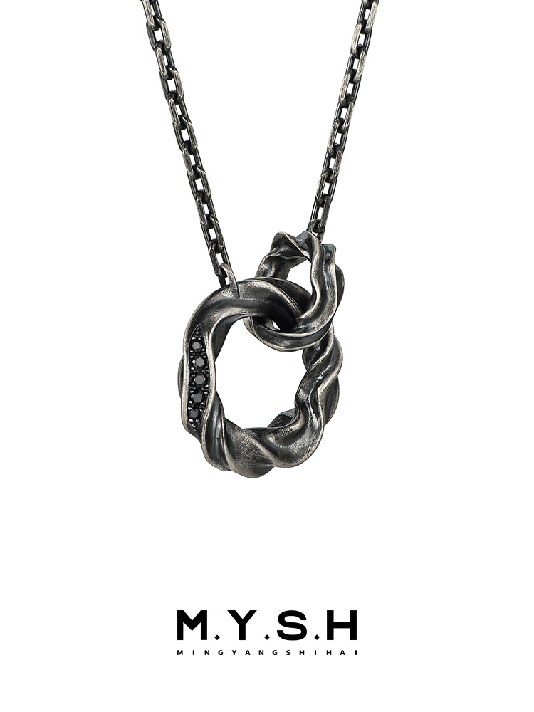 Sterling Silver Twisted Möbius Double Ring Black Diamond Pendant Necklace