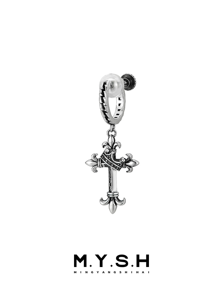 S925 Silver Fleur-de-Lis Crown Cross Drop Earrings