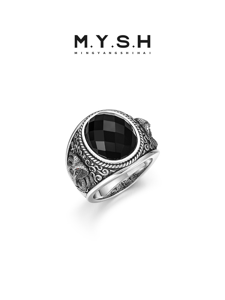 S925 Silver 3D Serpent King Black Onyx Statement Ring