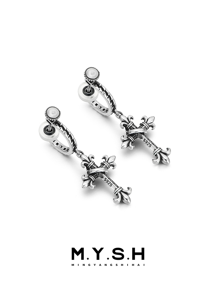 S925 Silver Fleur-de-Lis Crown Cross Drop Earrings
