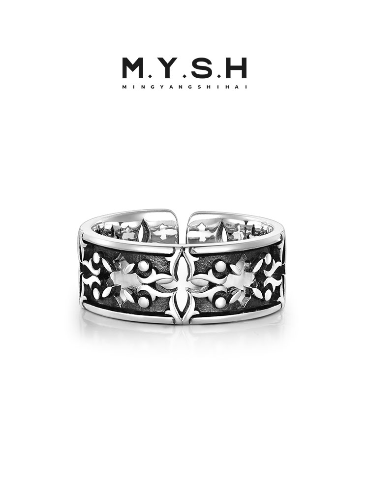 S925 Silver Black Four-Leaf Clover Wide Ring