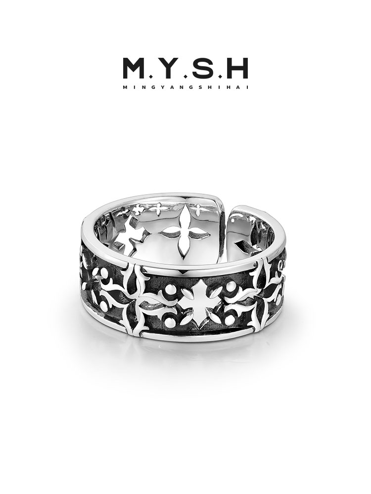 S925 Silver Black Four-Leaf Clover Wide Ring