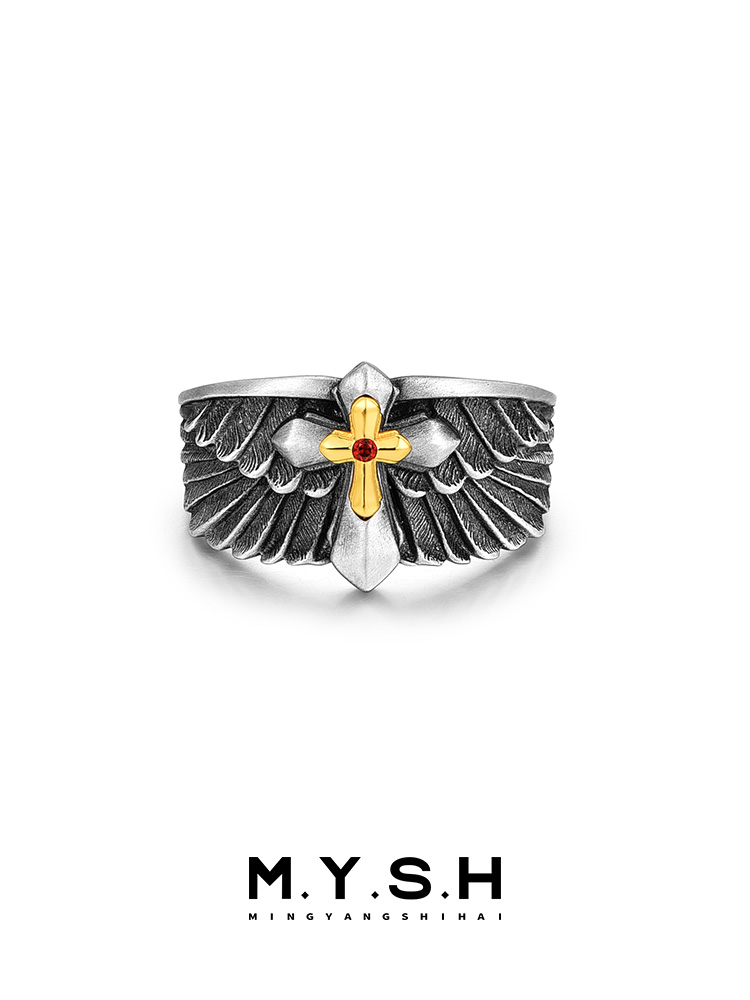 S925 Silver Guardian Wings Cross Ring for Men