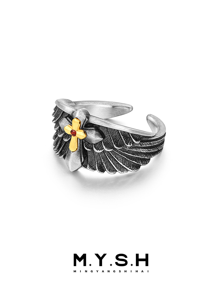 S925 Silver Guardian Wings Cross Ring for Men