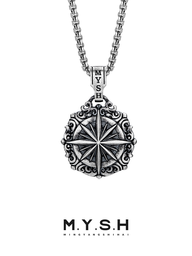 S925 Silver Vintage Compass Pendant Necklace