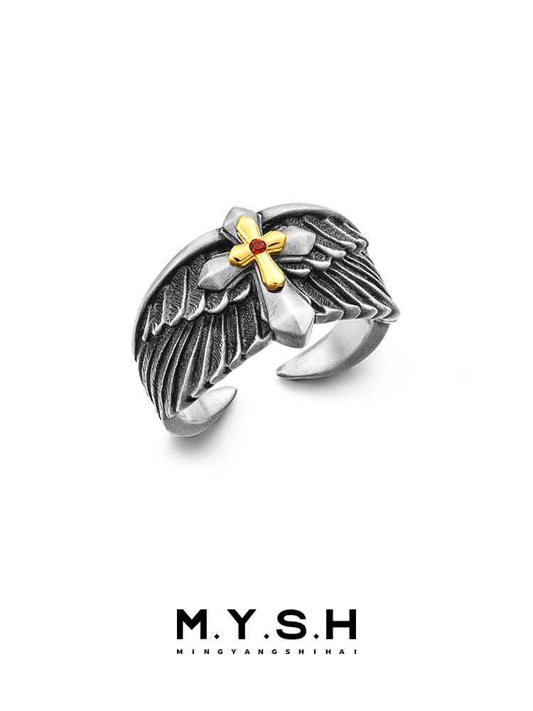 S925 Silver Guardian Wings Cross Ring for Men