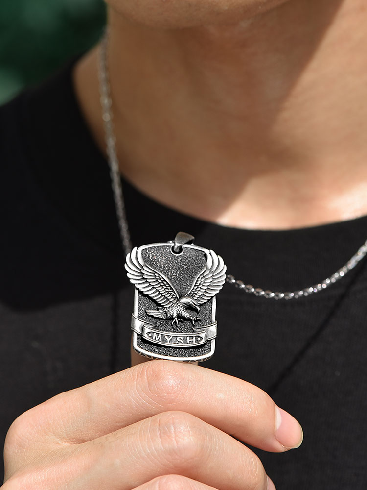 S925 Silver Eagle Dog Tag Pendant Necklace