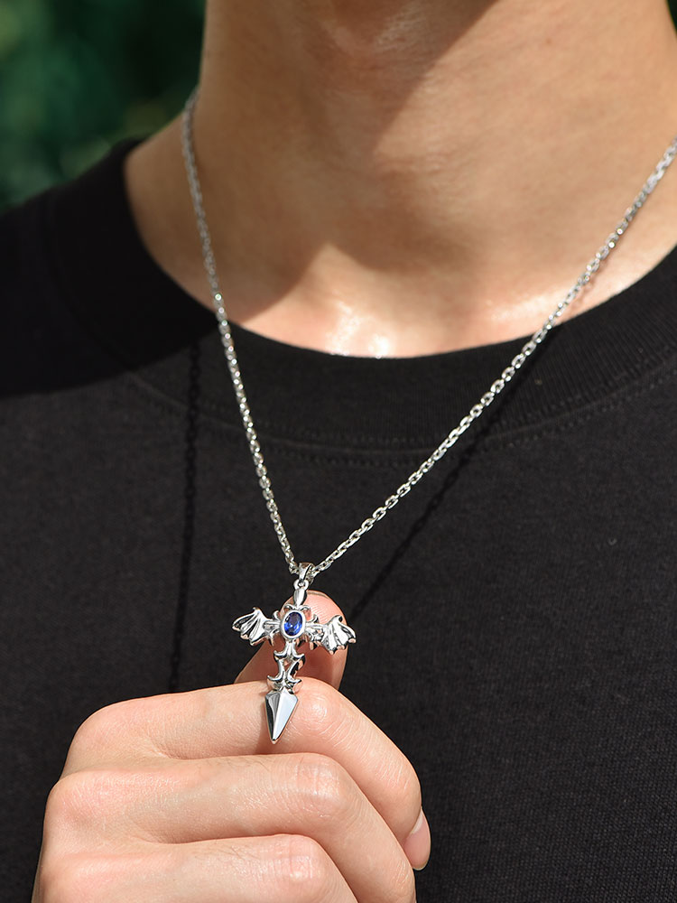 Demon Wing Sapphire Cross Necklace