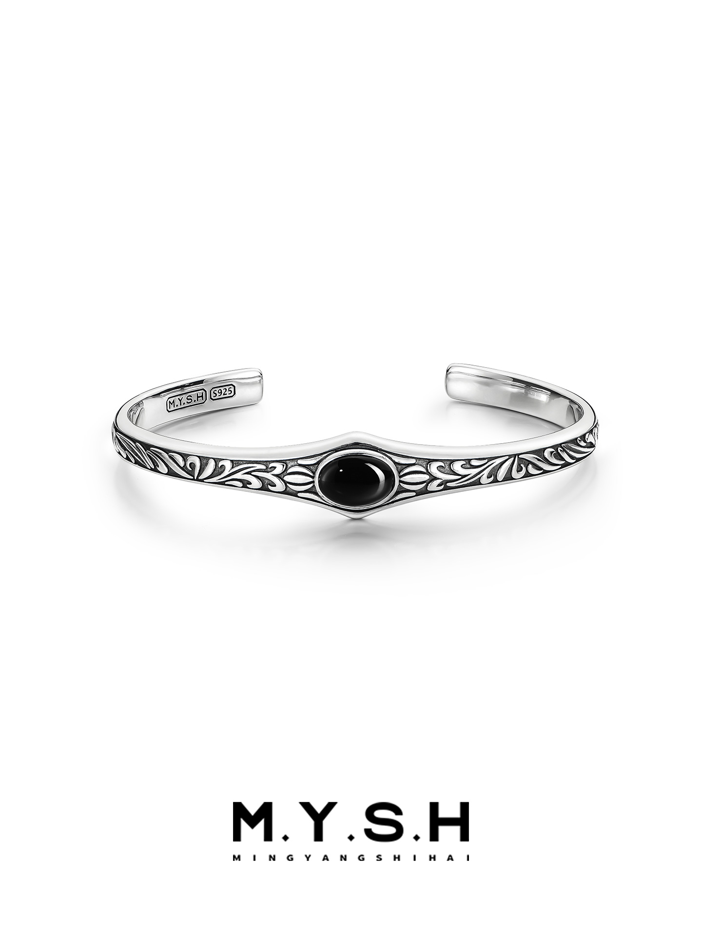 S925 Silver Black Onyx Vine Cuff Bracelet