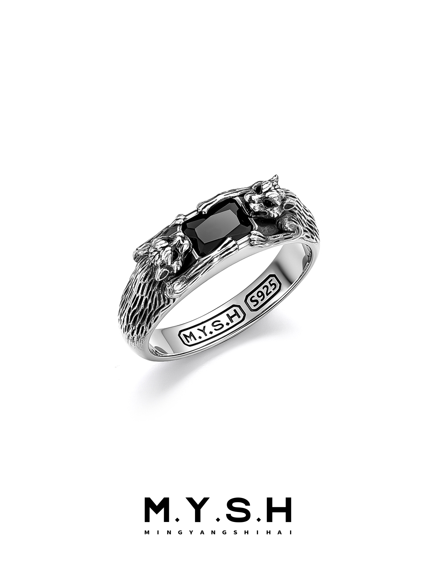 S925 Silver Dual Leopard Black Stone Ring for Men