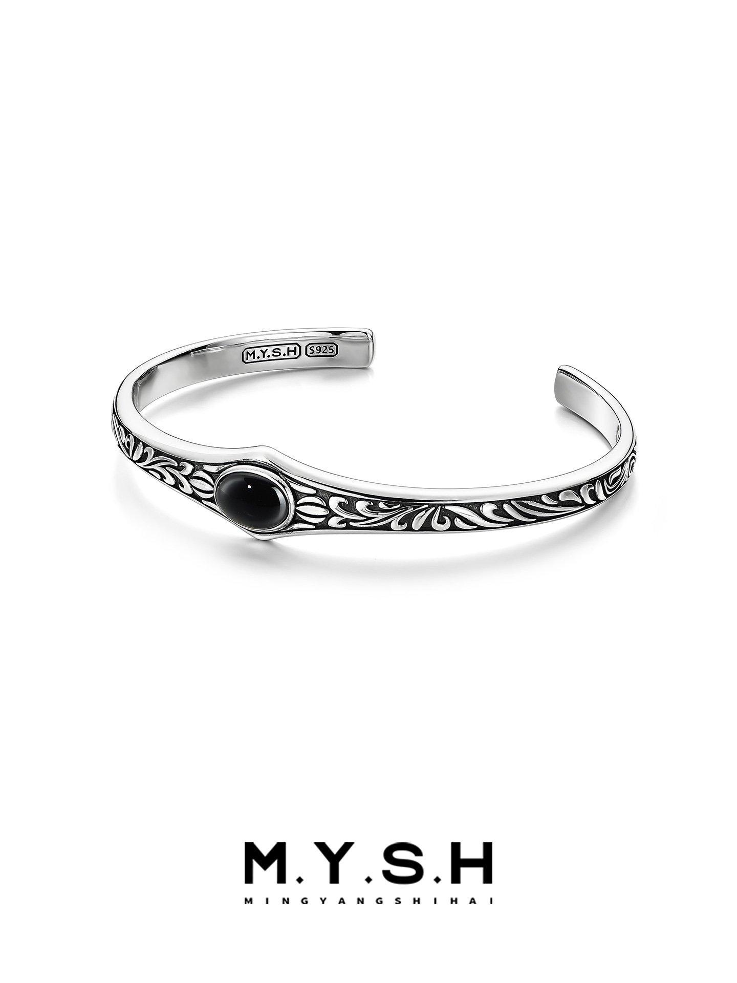 S925 Silver Black Onyx Vine Cuff Bracelet