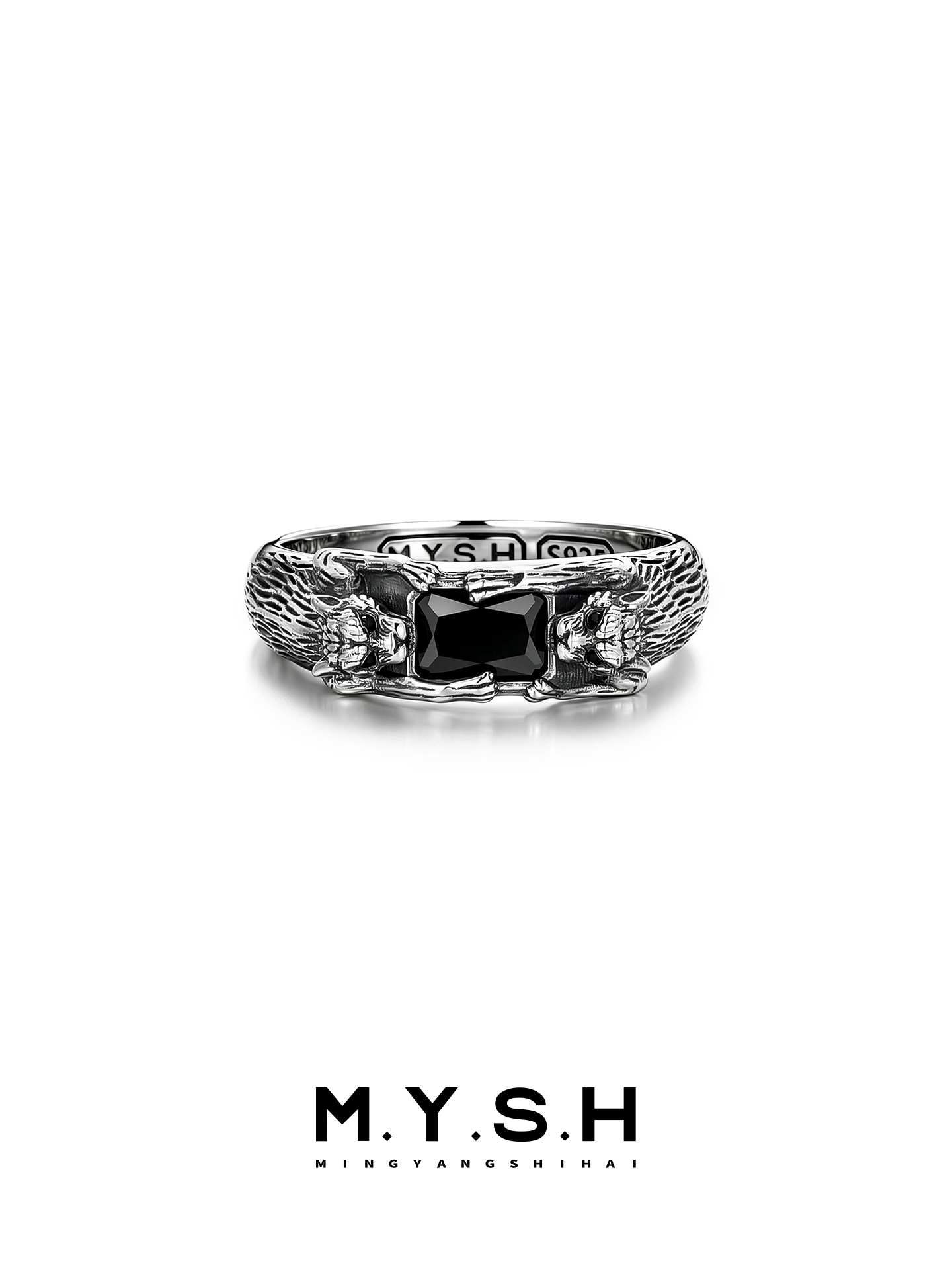 S925 Silver Dual Leopard Black Stone Ring for Men