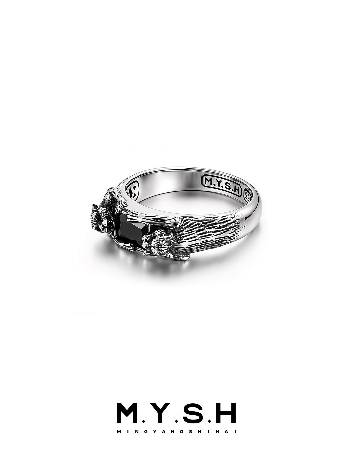 S925 Silver Dual Leopard Black Stone Ring for Men