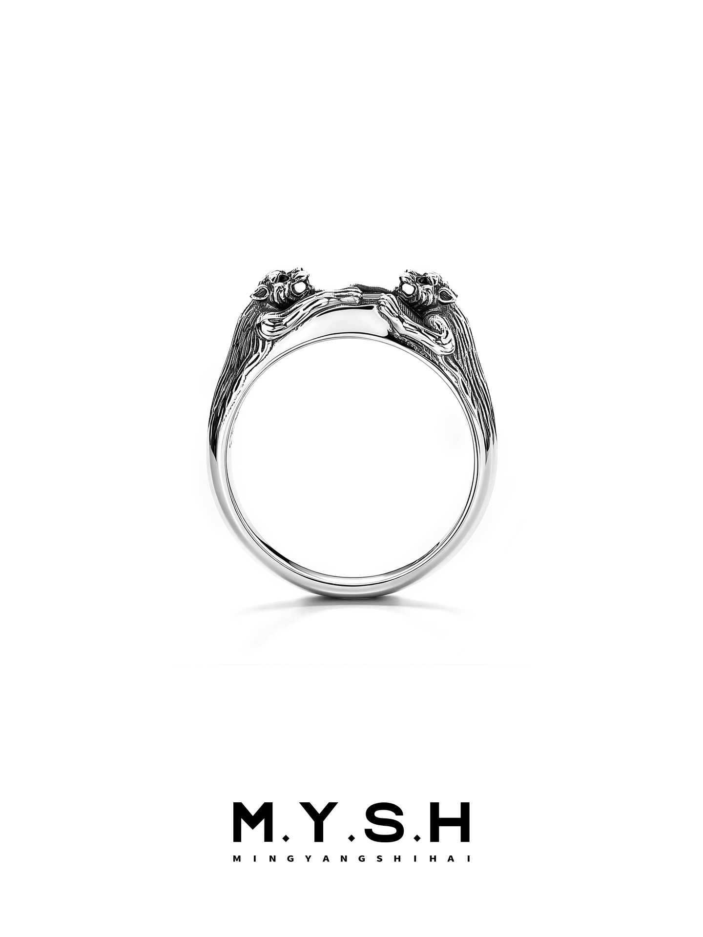 S925 Silver Dual Leopard Black Stone Ring for Men