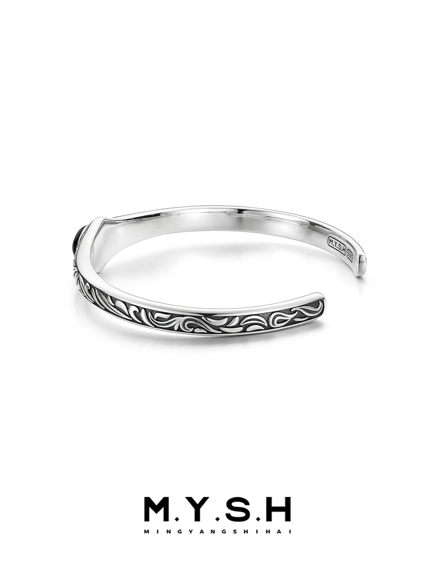 S925 Silver Black Onyx Vine Cuff Bracelet