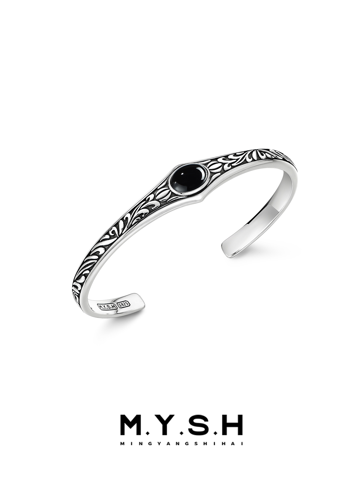 S925 Silver Black Onyx Vine Cuff Bracelet