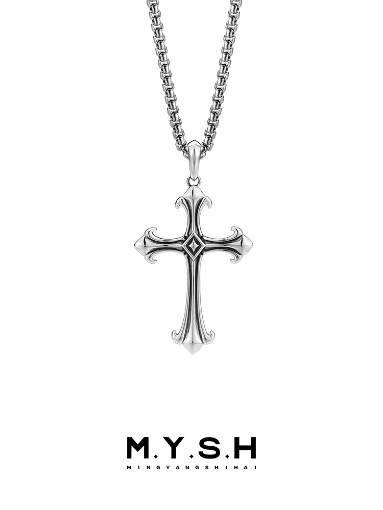 S925 Silver Oxidized Fleur-de-Lis Cross Pendant Necklace