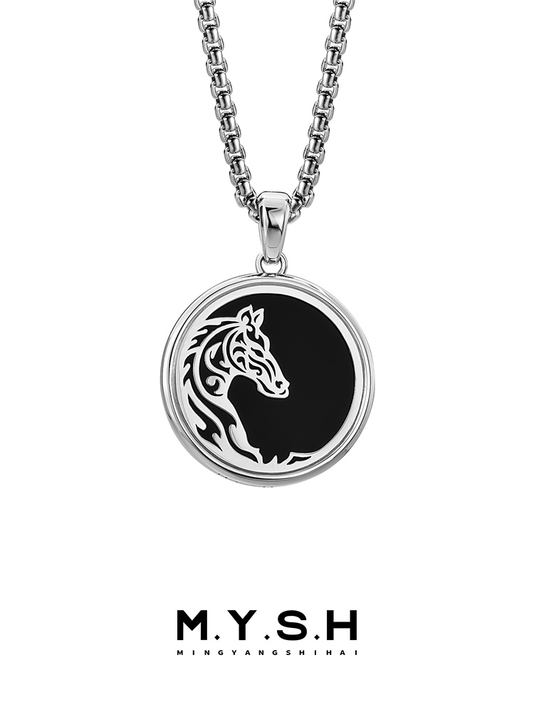 S925 Silver Black Agate Horse Pendant Necklace