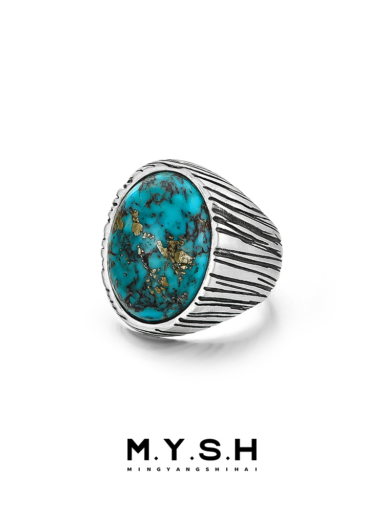 S925 Silver Natural Turquoise Statement Ring for Men