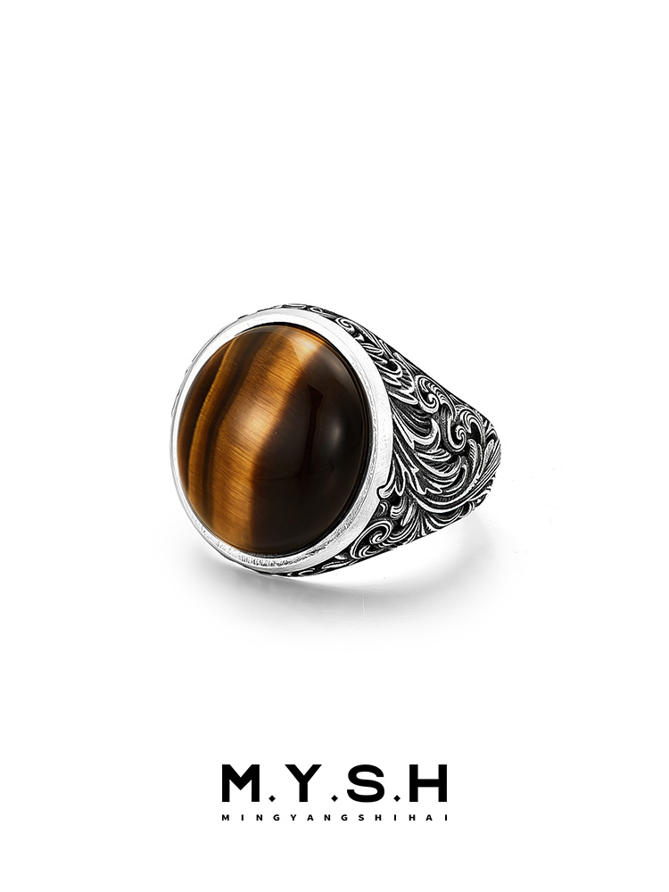 S925 Silver Natural Tiger’s Eye Statement Ring for Men