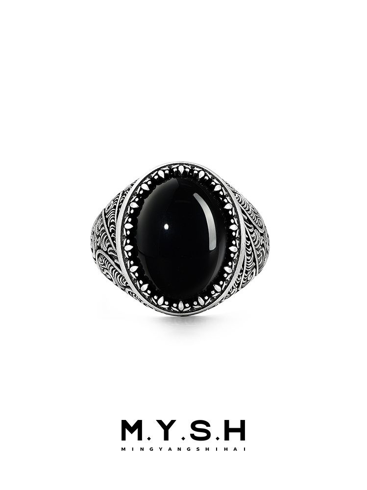 S925 Silver Natural Black Agate Statement Ring