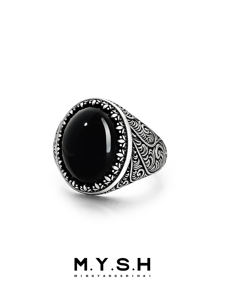 S925 Silver Natural Black Agate Statement Ring
